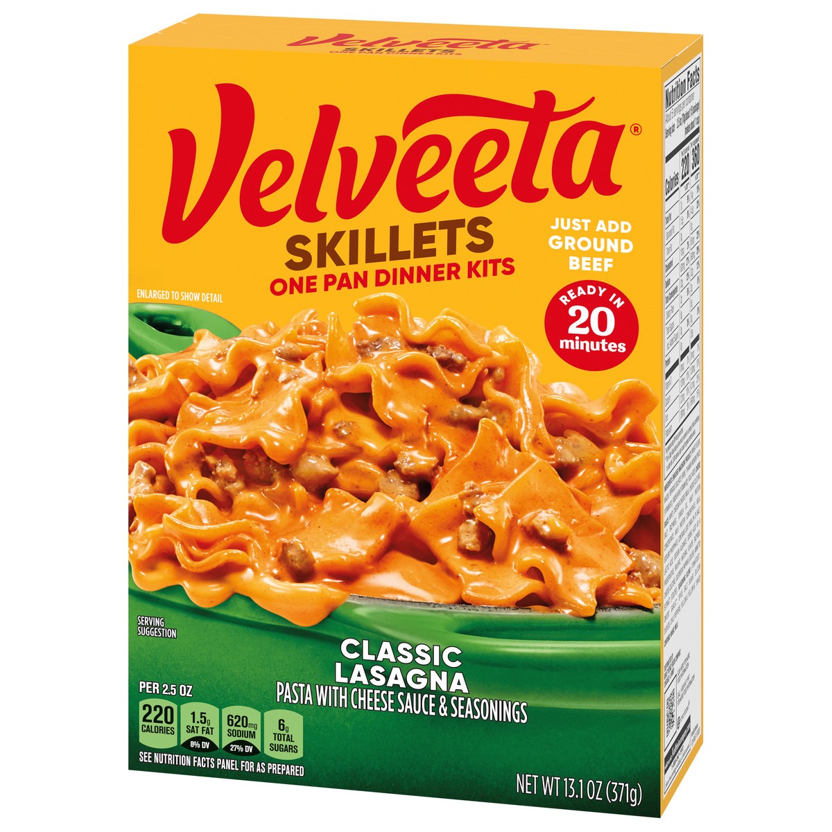 slide 6 of 9, Velveeta Skillets Classic Lasagna One Pan Dinner Kit with Pasta, Cheese Sauce & Seasoning, 13.1 oz Box, 13.1 oz