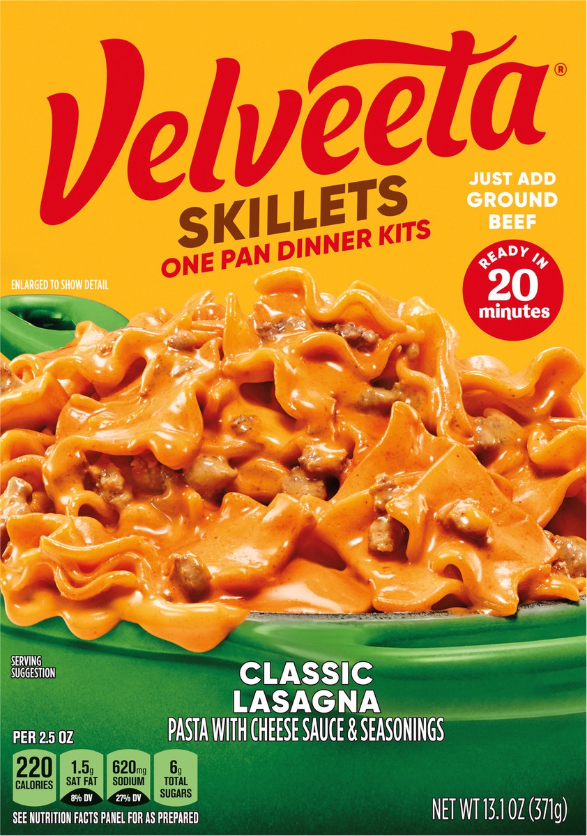 slide 5 of 9, Velveeta Skillets Classic Lasagna One Pan Dinner Kit with Pasta, Cheese Sauce & Seasoning, 13.1 oz Box, 13.1 oz