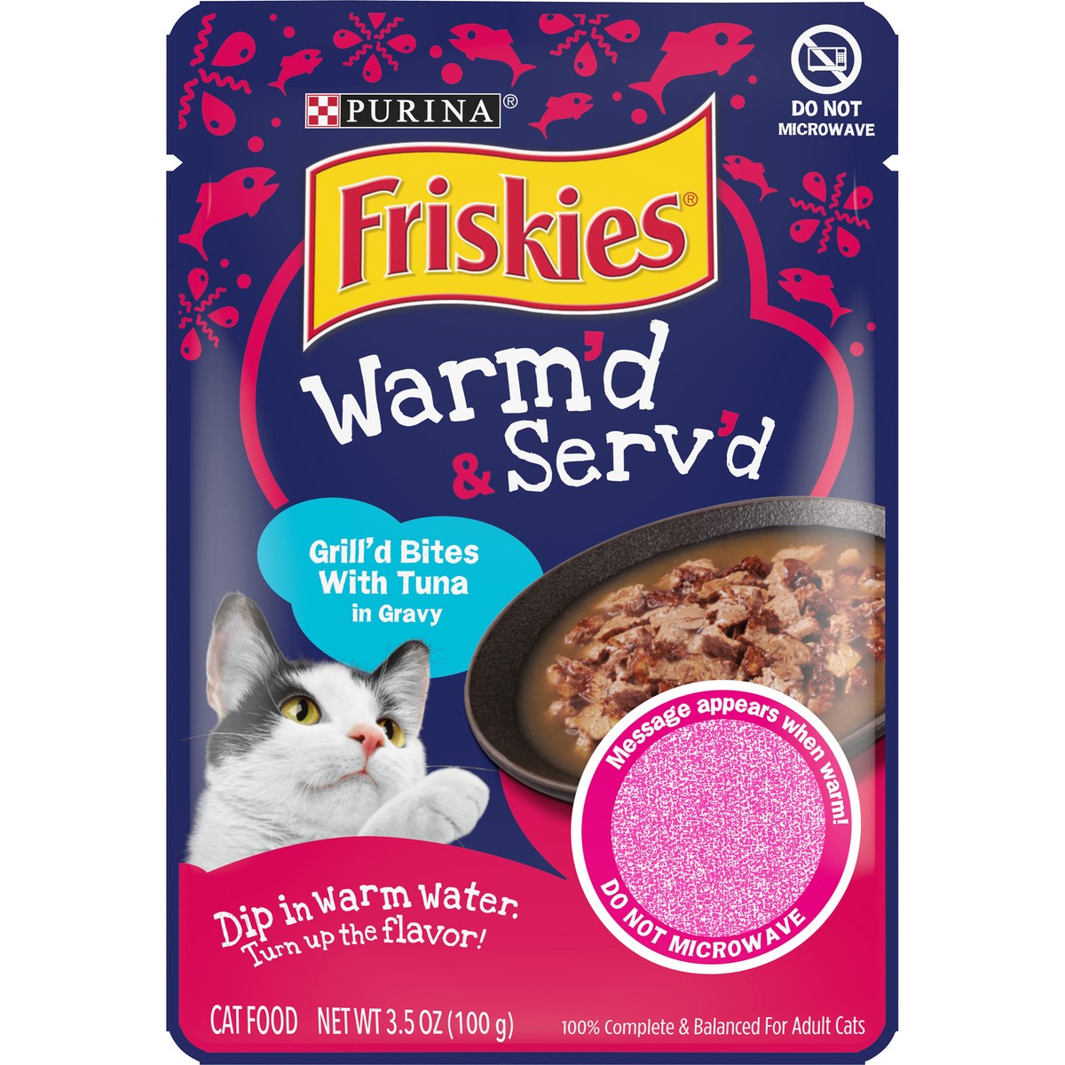 slide 1 of 9, Friskies Purina Friskies Gravy Wet Cat Food, Warm'd & Serv'd Grill'd Bites With Tuna - 3.5 oz. Pouch, 3.5 oz