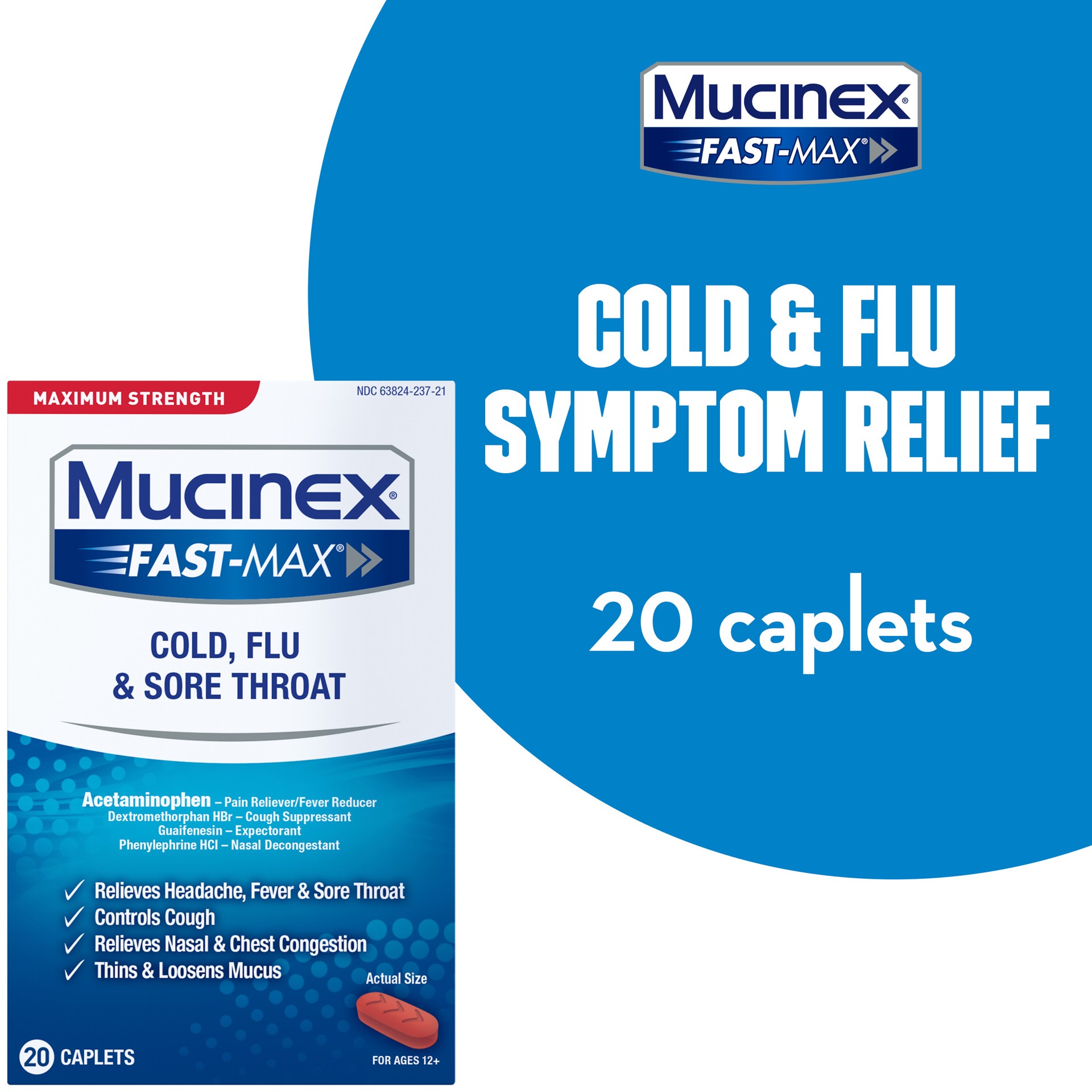 slide 1 of 1, Mucinex Fast-Max Maximum Strength Cold, Flu & Sore Throat Caplets 20 ea Box, 20 ct