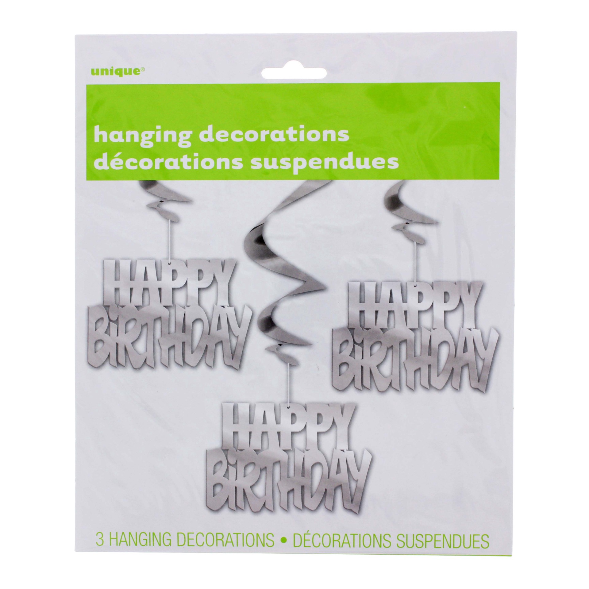 slide 1 of 1, Unique Industries Unique Happy Birthday Silver Hanging Swirls, 3 ct