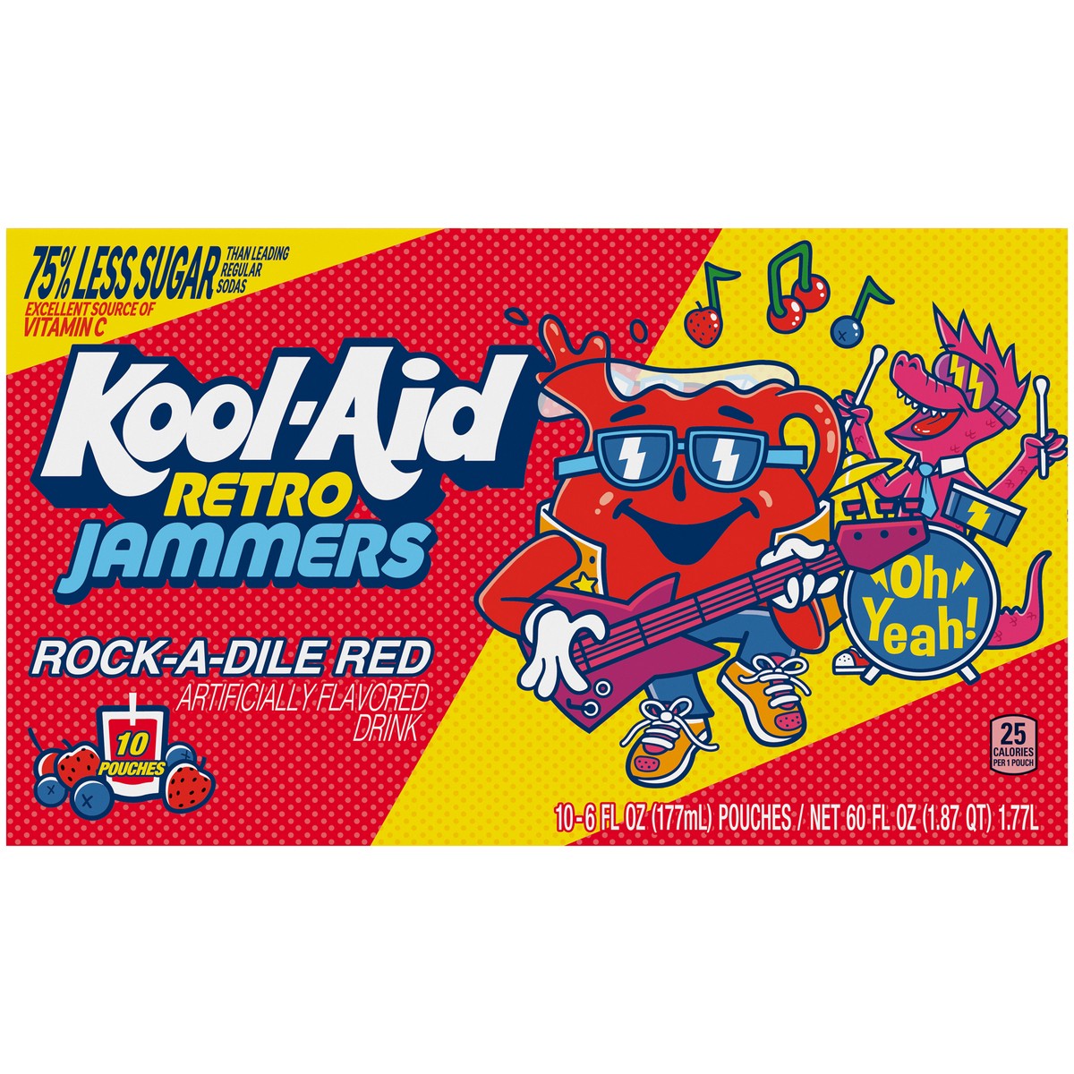 slide 6 of 9, Kool-Aid Retro Jammers Rock-A-Dile Red Mixed Berry Flavored 0% Juice Drink, 10 ct Box, 6 fl oz Pouches, 10 ct