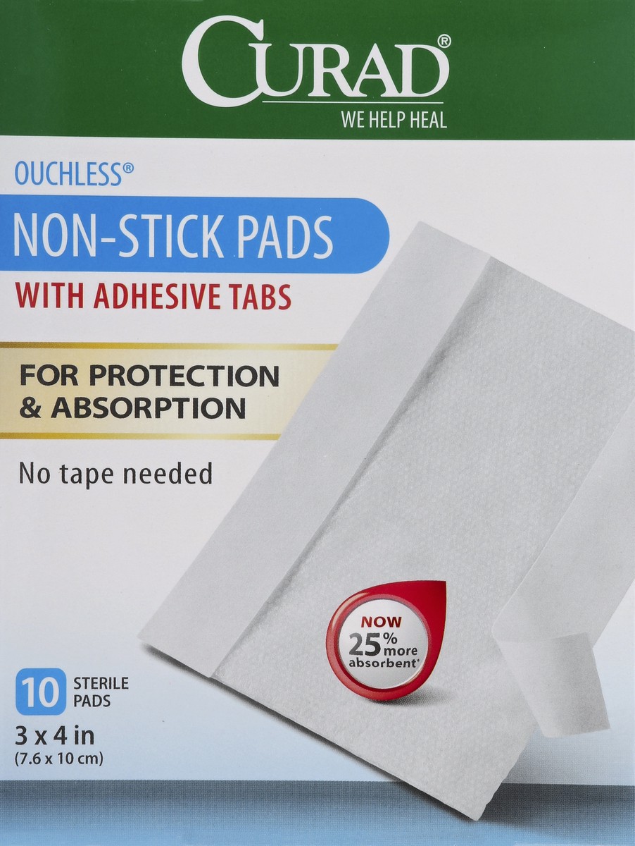slide 4 of 5, Curad Pads, Non-Stick, Ouchless, with Adhesive Tabs, 10 ct