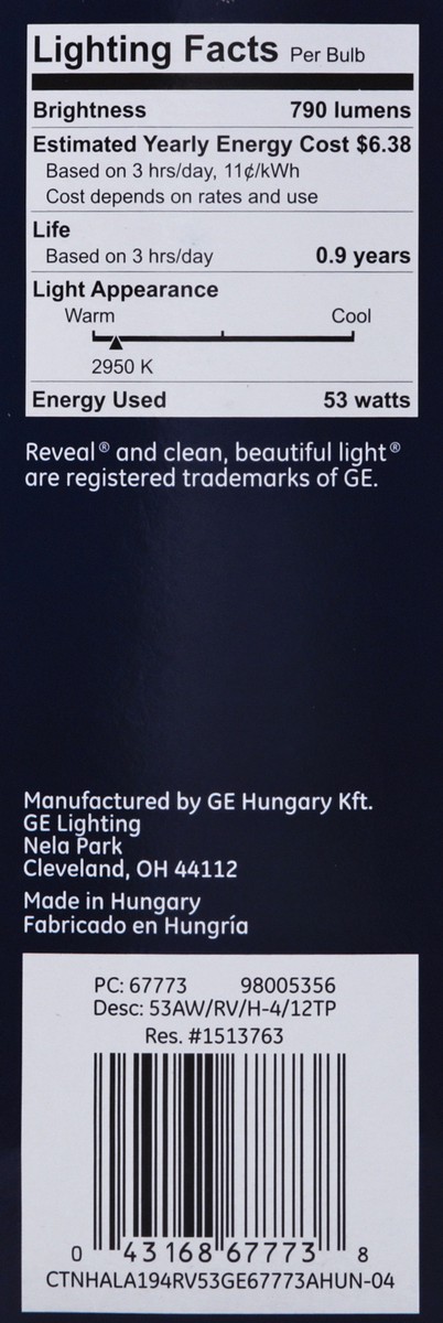 slide 8 of 9, GE Reveal HD+ 53 Watts Halogen Light Bulbs 4 ea, 4 ct