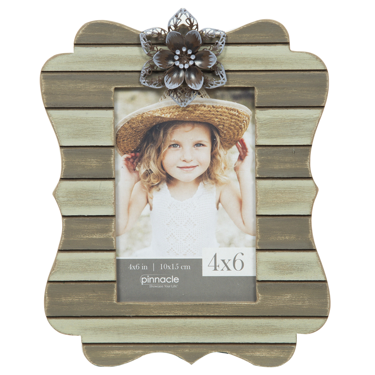 slide 1 of 1, Pinnacle Rustic Striped Picture Frame With Flower - Gray, 4 in x 6 in