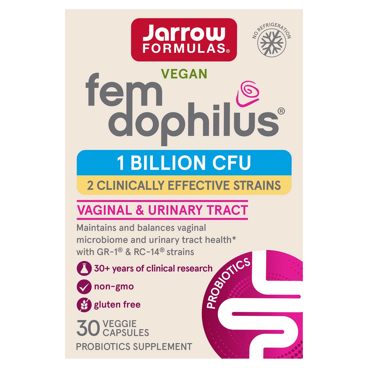 slide 1 of 1, Jarrow Formulas Fem-Dophilus - Women''s Probiotic Supplement - 30 Veggie Caps - 2 Clinically Effective Strains - 1 Billion CFU - Balance Vaginal Microbiome & Urinary Tract Health - Shelf Stable, 1 ct