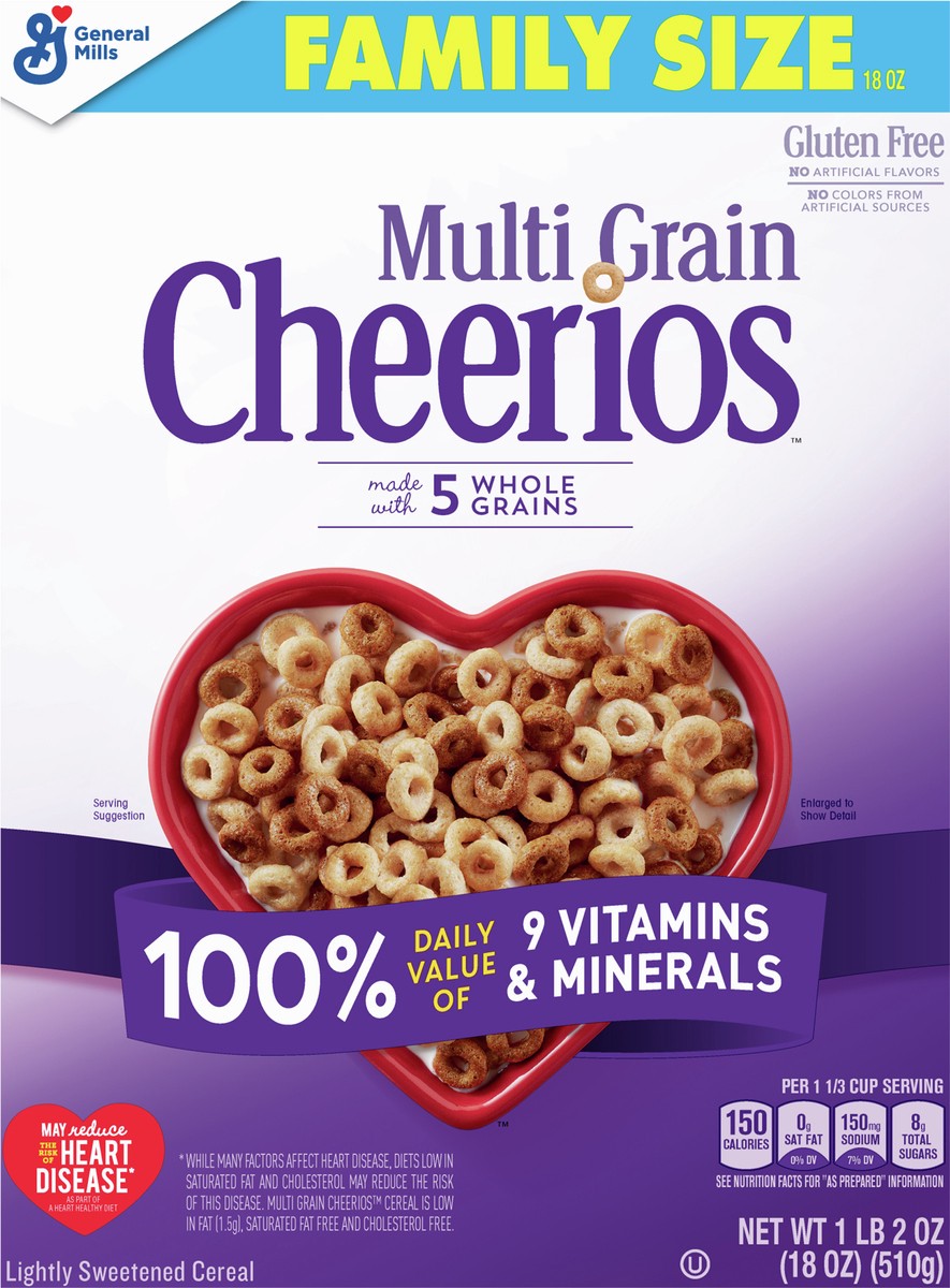 slide 5 of 8, General Mills Multi Grain Cheerios Heart Healthy Cereal, 18 OZ Family Size Cereal Box, 18 oz