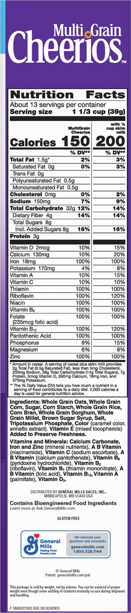 slide 7 of 8, General Mills Multi Grain Cheerios Heart Healthy Cereal, 18 OZ Family Size Cereal Box, 18 oz