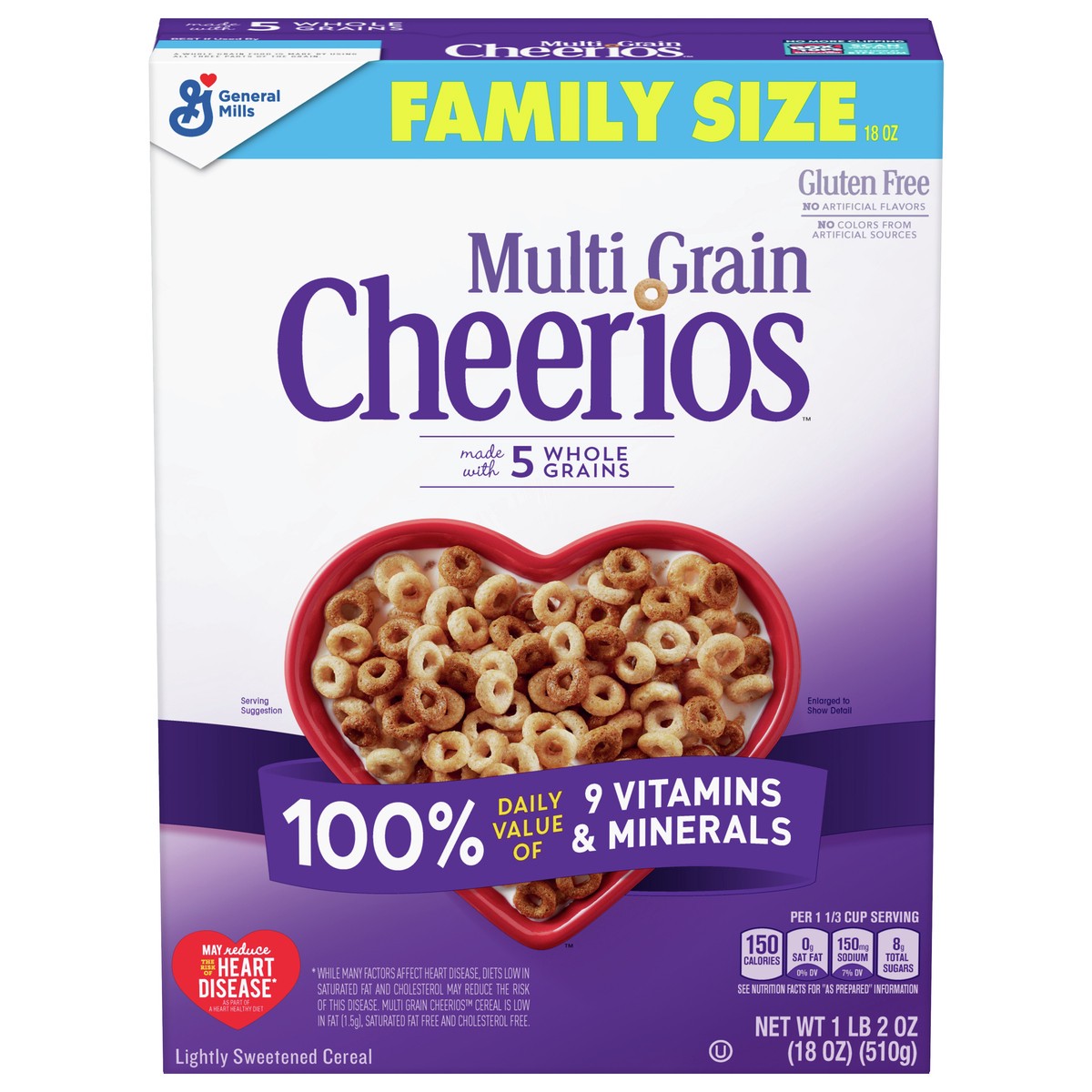 slide 1 of 8, General Mills Multi Grain Cheerios Heart Healthy Cereal, 18 OZ Family Size Cereal Box, 18 oz