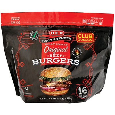 slide 1 of 1, H-E-B Fully Cooked Original Burgers Club Pack, 16 ct