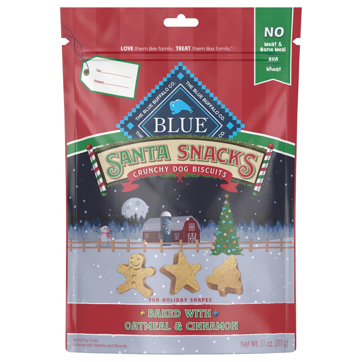 slide 1 of 9, Blue Buffalo Santa Snacks Natural Crunchy Dog Treat Biscuits, Oatmeal & Cinnamon Treats 11-oz, 11 oz