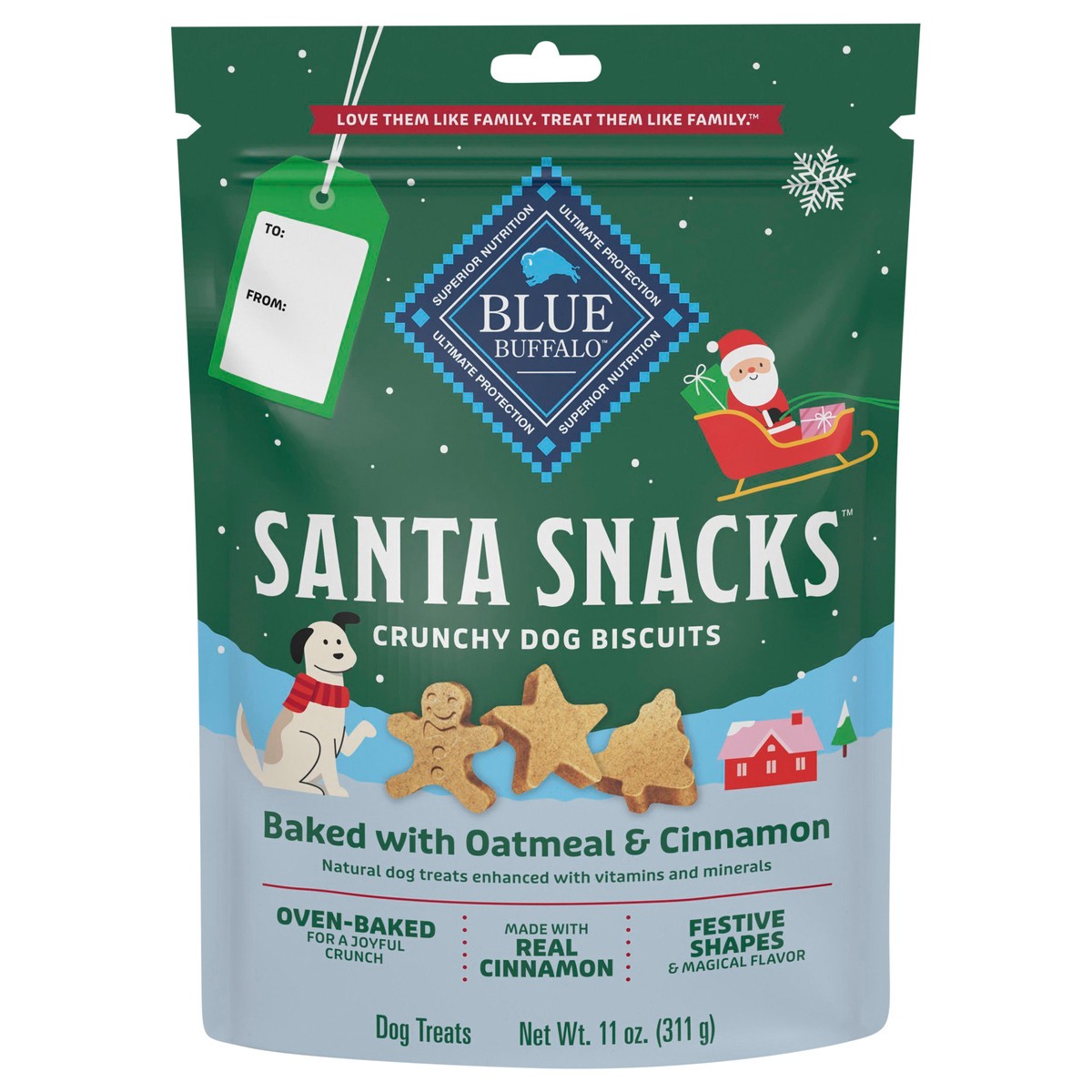 slide 1 of 9, Blue Buffalo Santa Snacks Crunchy Dog Biscuits, Oven-Baked With Natural Ingredients, Oatmeal & Cinnamon, 11-oz Bag, 11 oz