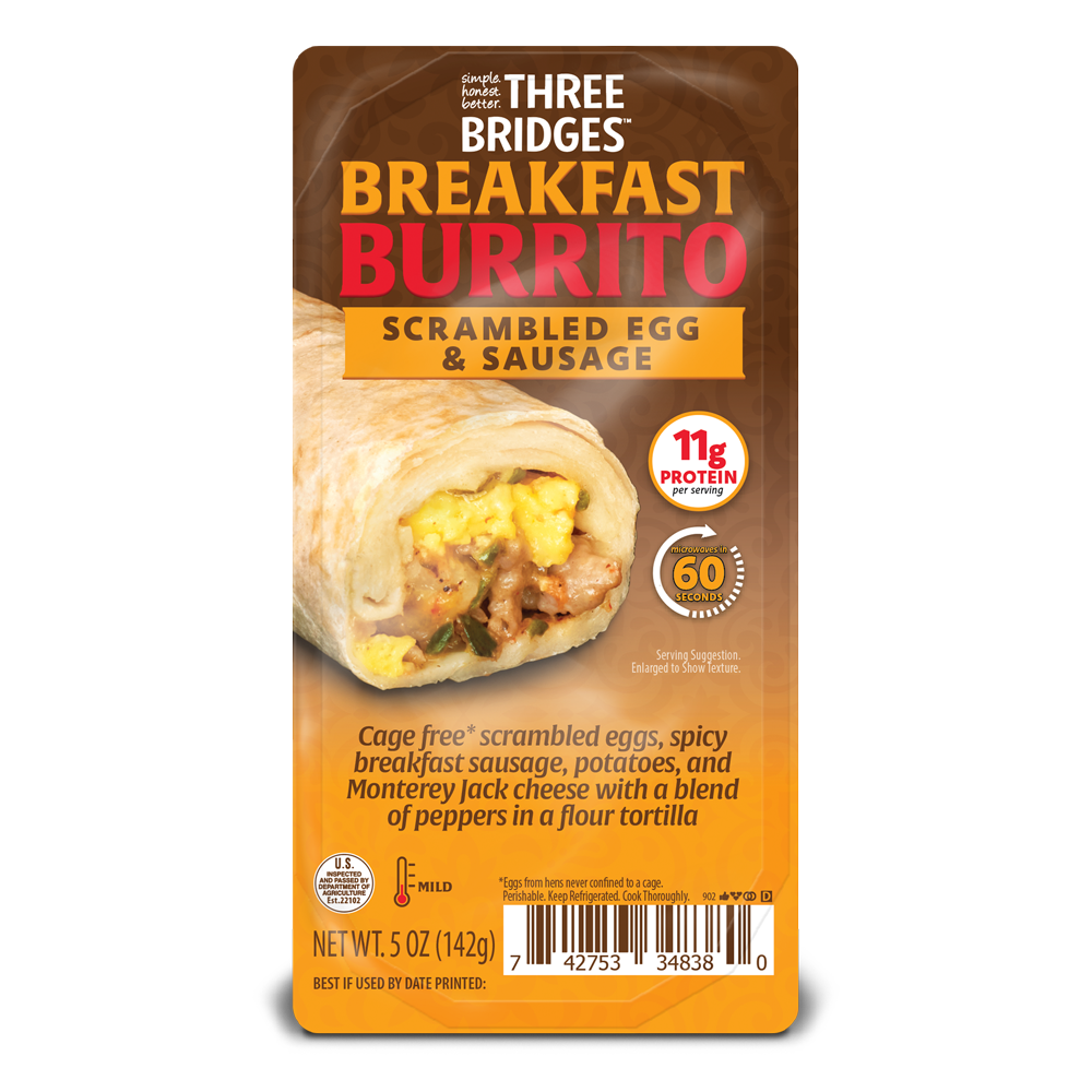 slide 2 of 2, Three Bridges Scrambled Egg & Sausage Breakfast Burrito, 5 oz