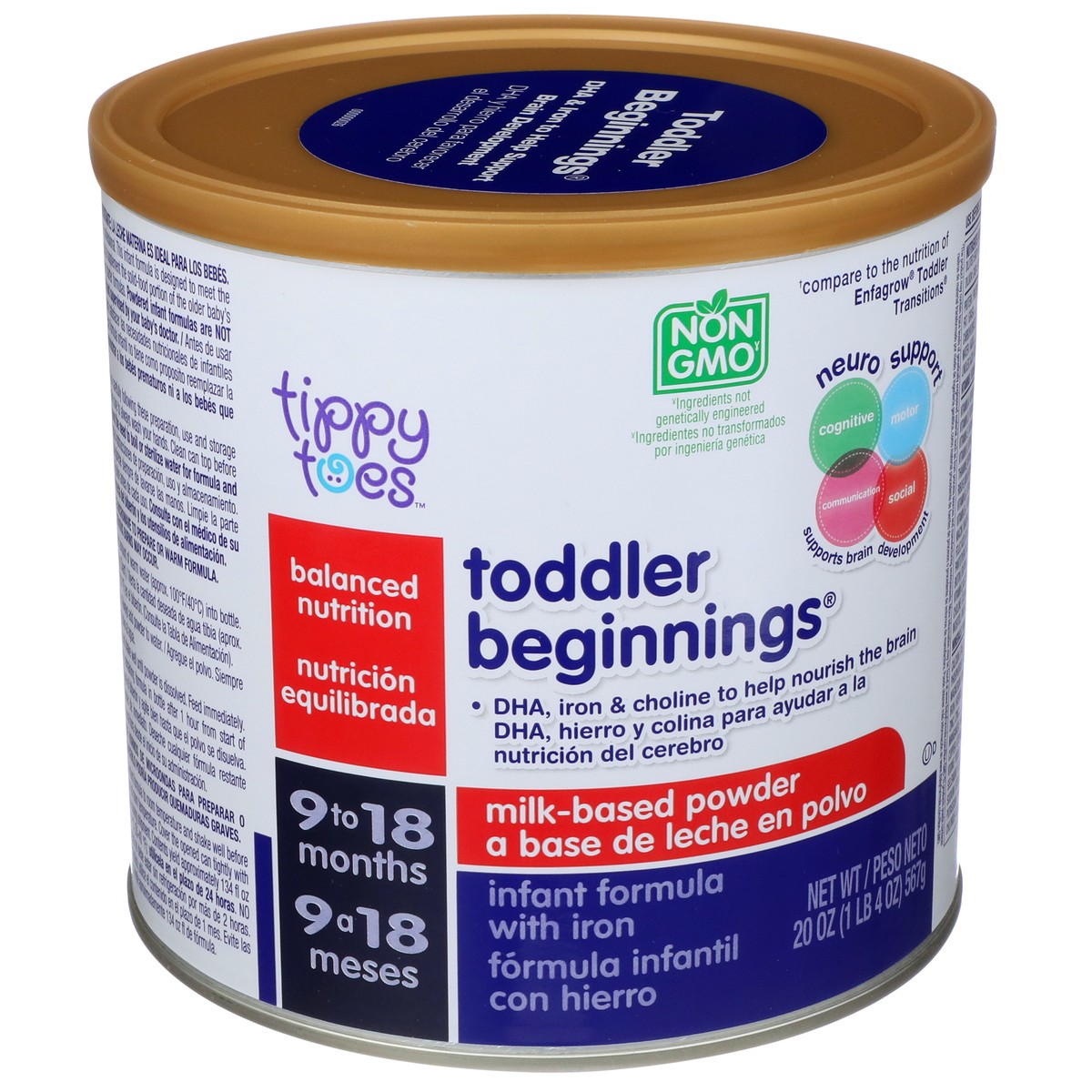 slide 8 of 9, Tippy Toes Toddler Beginnings, Milk-based Powder Infant Formula With Iron, 20 oz