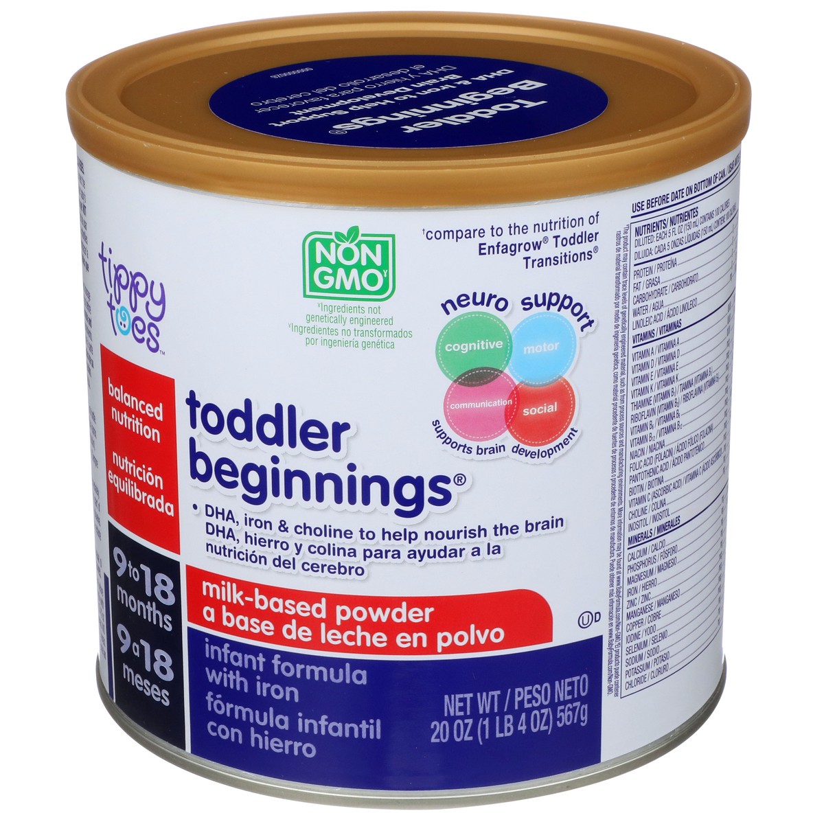 slide 4 of 9, Tippy Toes Toddler Beginnings, Milk-based Powder Infant Formula With Iron, 20 oz