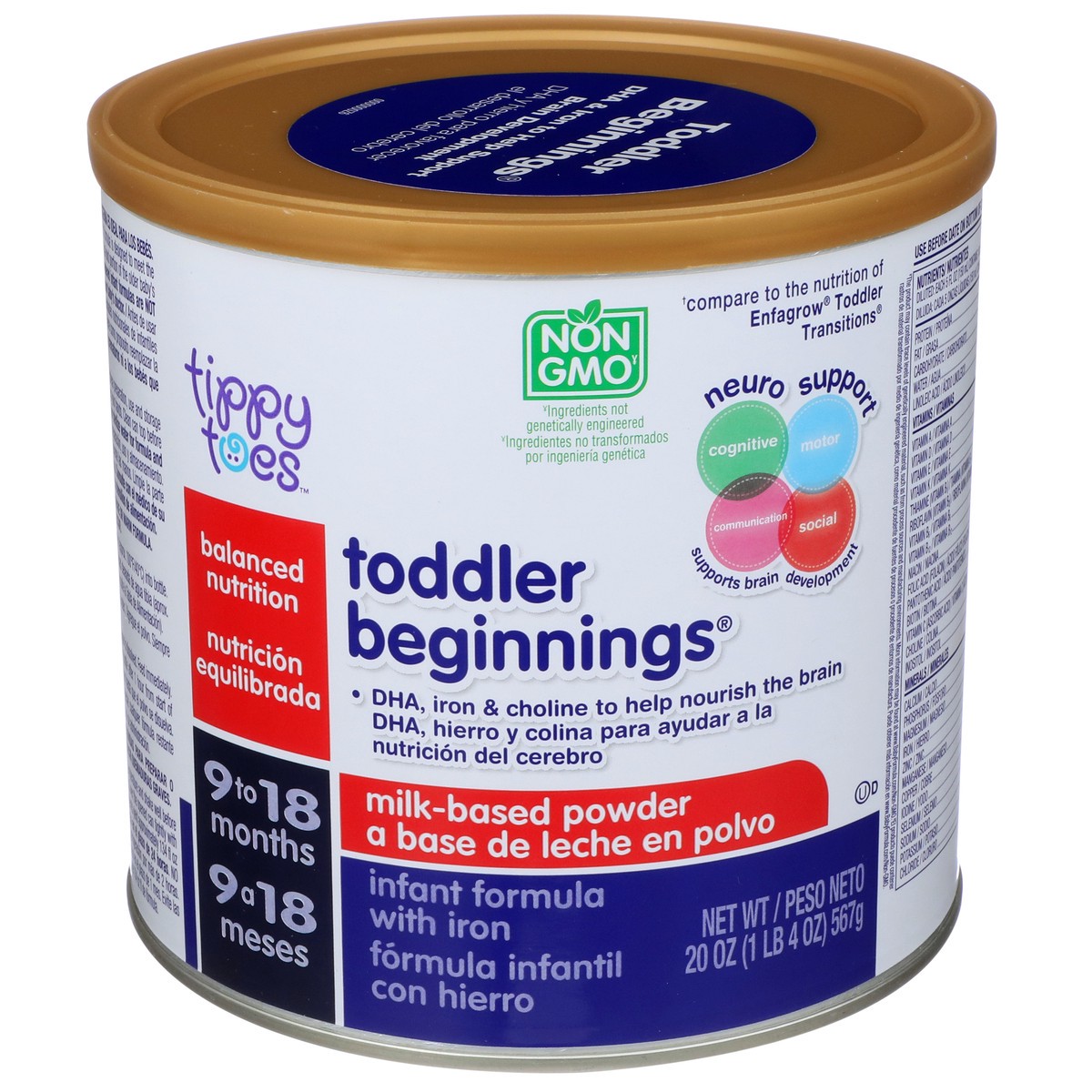 slide 1 of 9, Tippy Toes Toddler Beginnings, Milk-based Powder Infant Formula With Iron, 20 oz