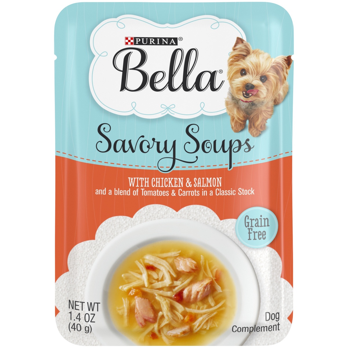 slide 1 of 1, Purina Bella Savory Soups With Chicken & Salmon And A Blend Of Tomatoes & Carrot, 1.4 oz