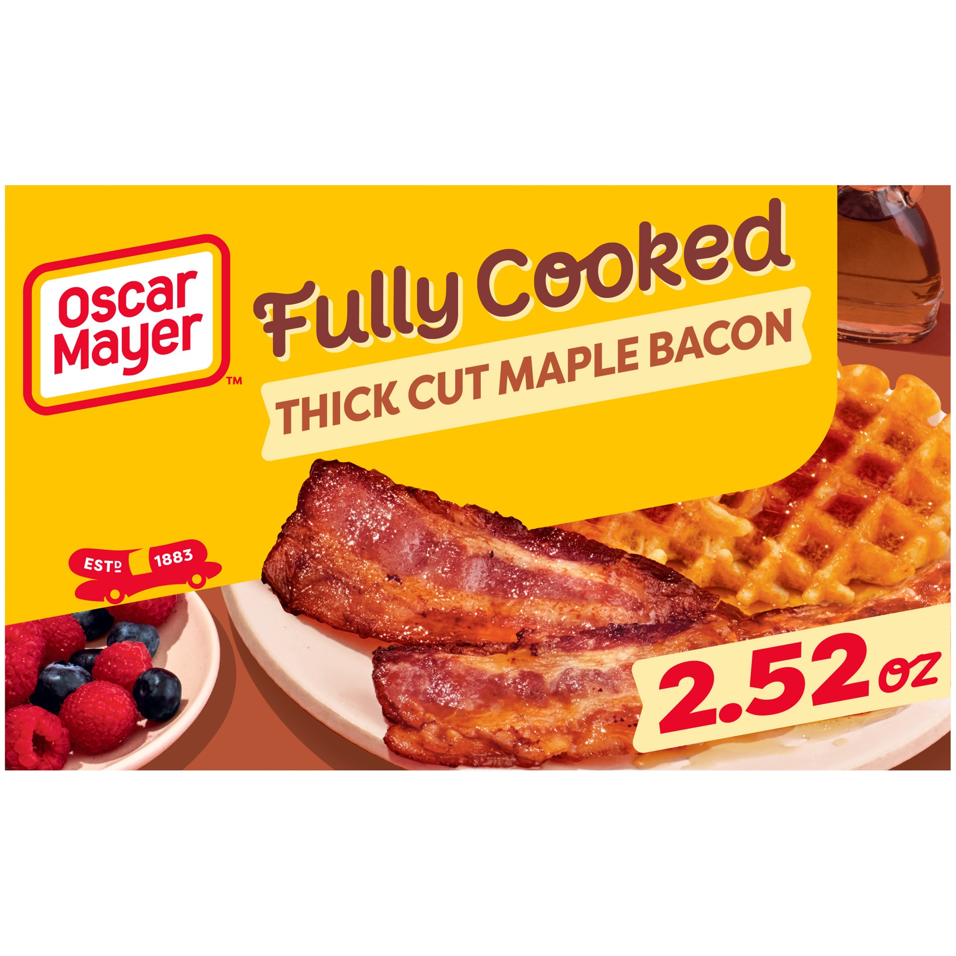 slide 1 of 5, Oscar Mayer Maple Fully Cooked Thick Cut Bacon, 2.52 oz Box, 7-9 slices, 2.52 oz