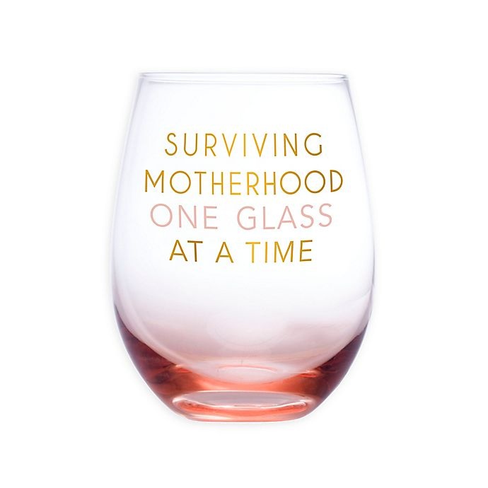 slide 1 of 3, Pearhead Surviving Motherhood One Glass at a Time'' Stemless Wine Glass - Pink/Gold'', 1 ct