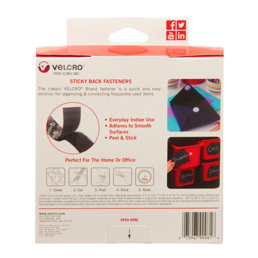 slide 5 of 5, VELCRO Brand Sticky Back Fasteners, 3/4'' X 15', Black, 1 ct