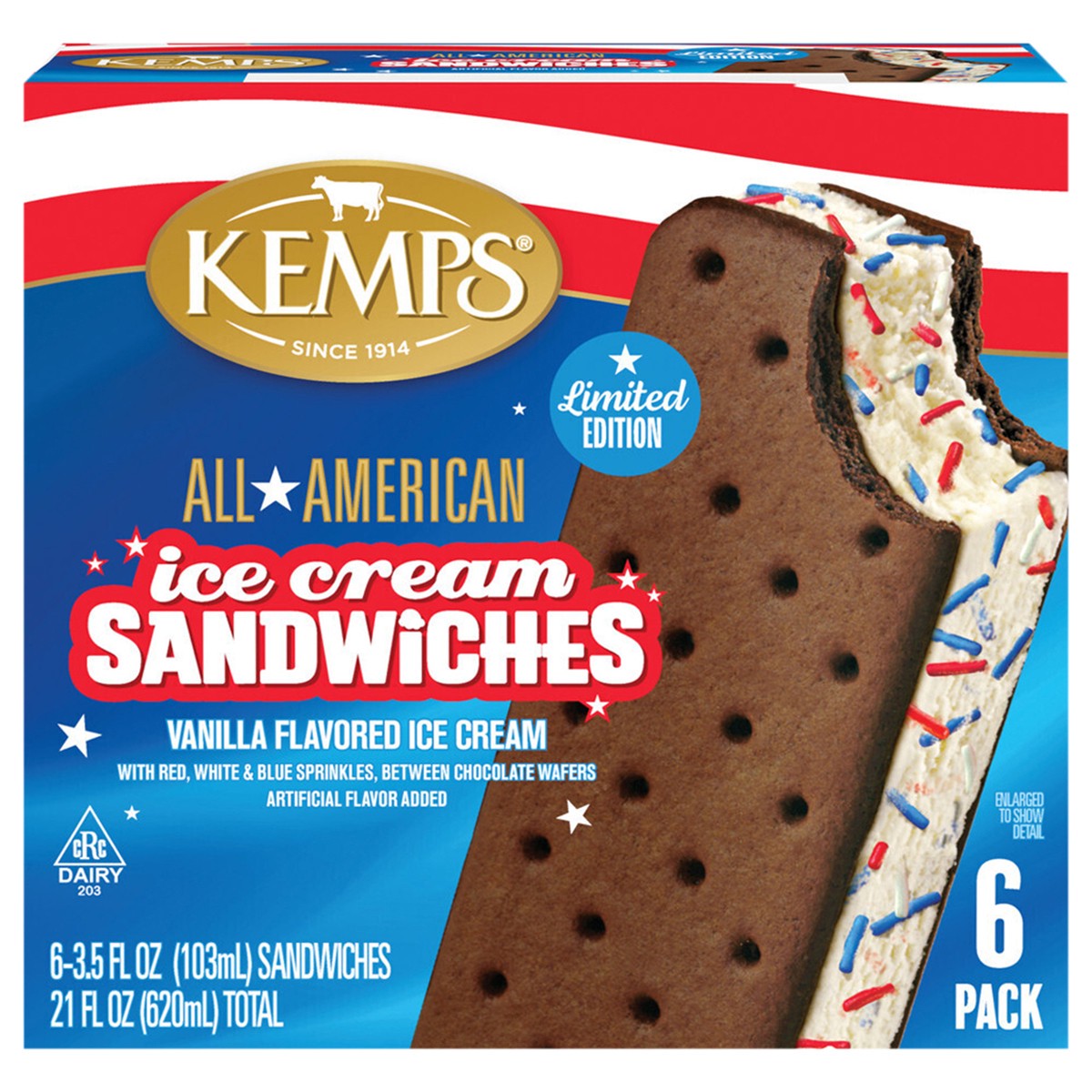 slide 5 of 9, Kemps Star Spangled Ice Cream Sandwiches 6 - 3.5 fl oz Sandwiches, 6 ct