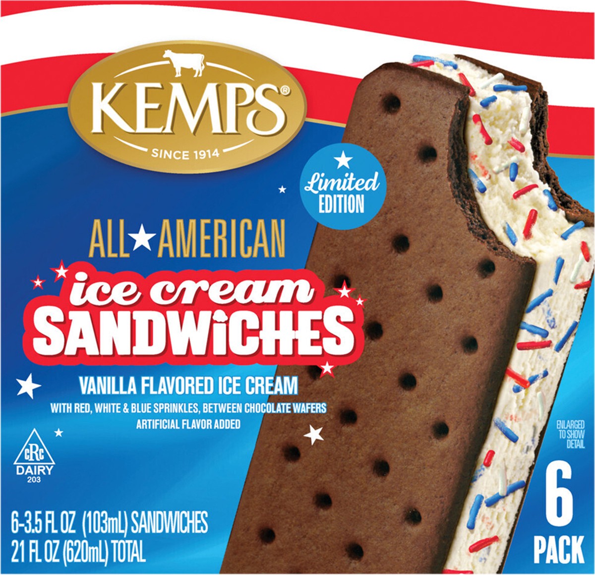 slide 6 of 9, Kemps Star Spangled Ice Cream Sandwiches 6 - 3.5 fl oz Sandwiches, 6 ct