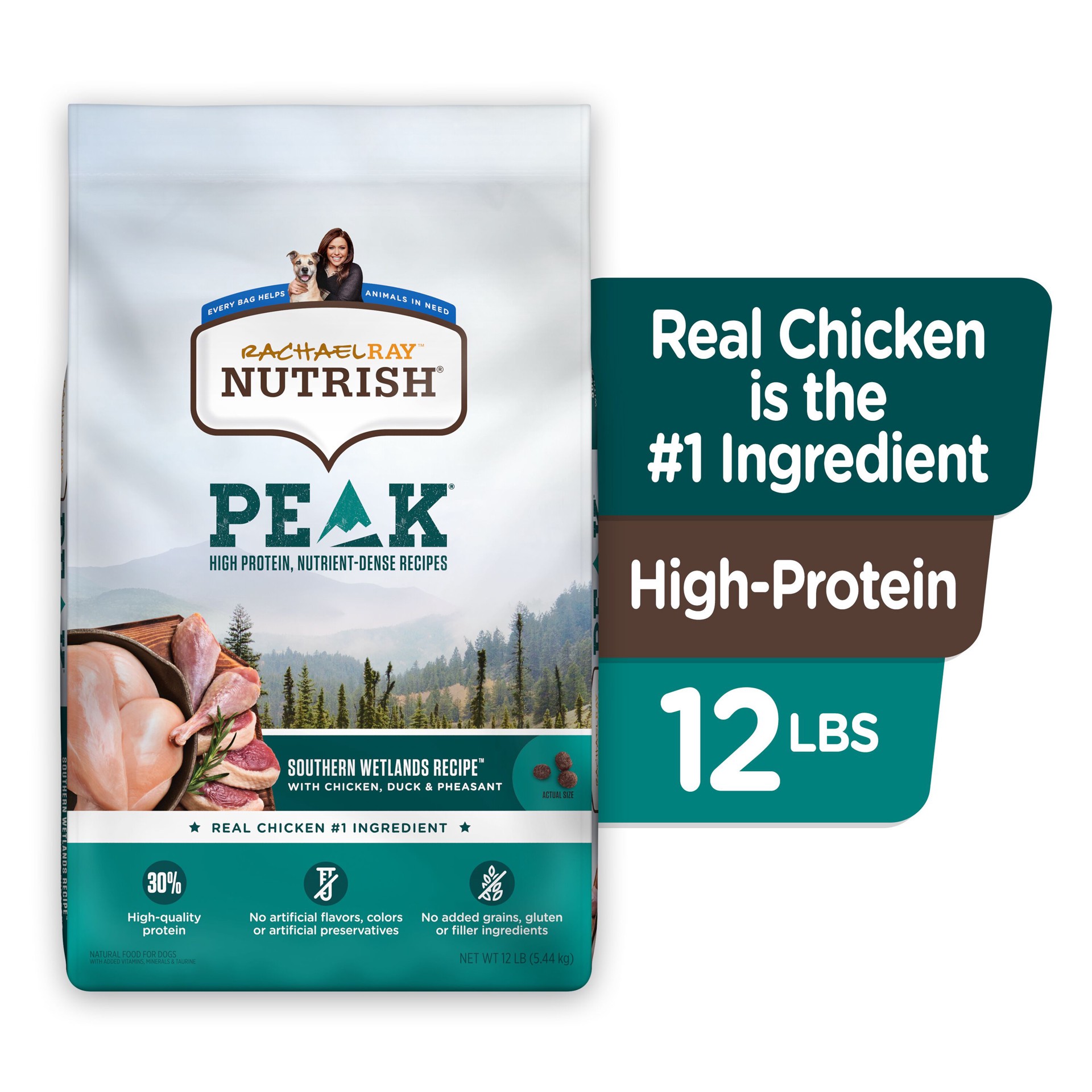 slide 6 of 8, Rachael Ray Nutrish Peak Southern Wetlands Recipe With Chicken, Duck & Pheasant, Dry Dog Food, 12 lb Bag (Packaging May Vary), 12 lb