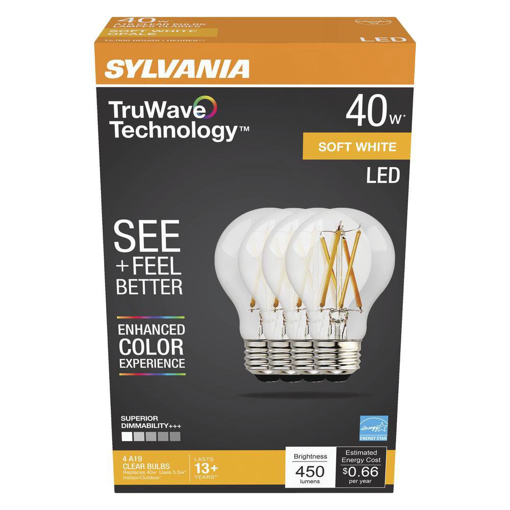 slide 1 of 1, Sylvania TruWave A19 40-Watt Clear Soft White LED Light Bulbs, 4 ct