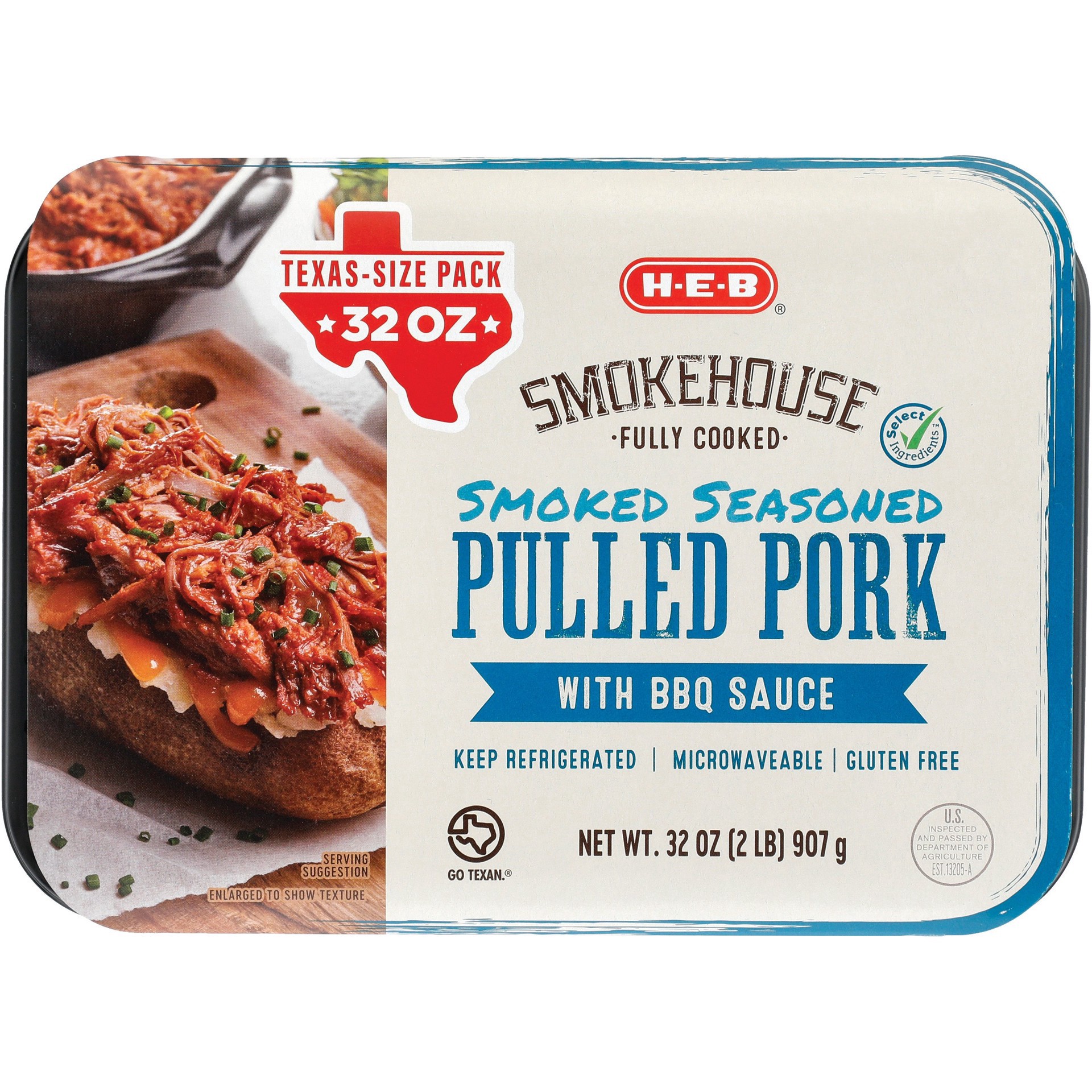 slide 1 of 1, H-E-B Fully Cooked Smoked Pulled Pork with BBQ Sauce, 32 oz