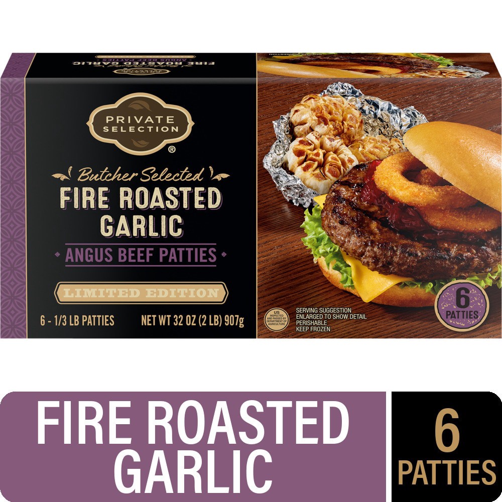 slide 1 of 3, Private Selection Fire Roasted Garlic Angus Beef Patties, 6 ct; 0.33 lb