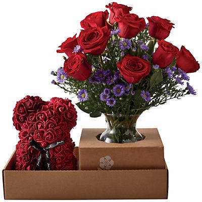 slide 1 of 1, Bloom's Dozen Roses with Rose Teddy Bear & Vase, 1 ct