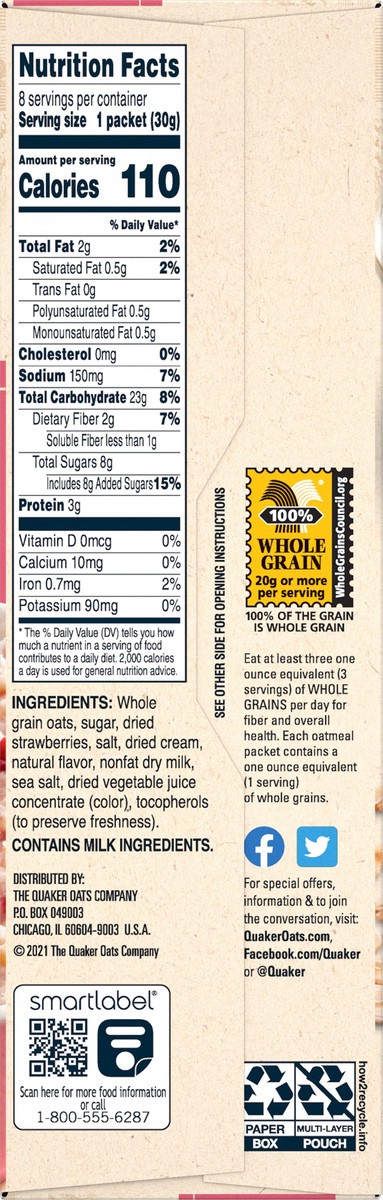 slide 6 of 9, Quaker Instant Strawberries & Cream Oatmeal 8 ea, 8 ct