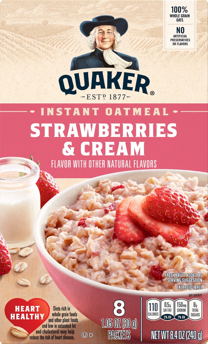 slide 1 of 9, Quaker Instant Strawberries & Cream Oatmeal 8 ea, 8 ct