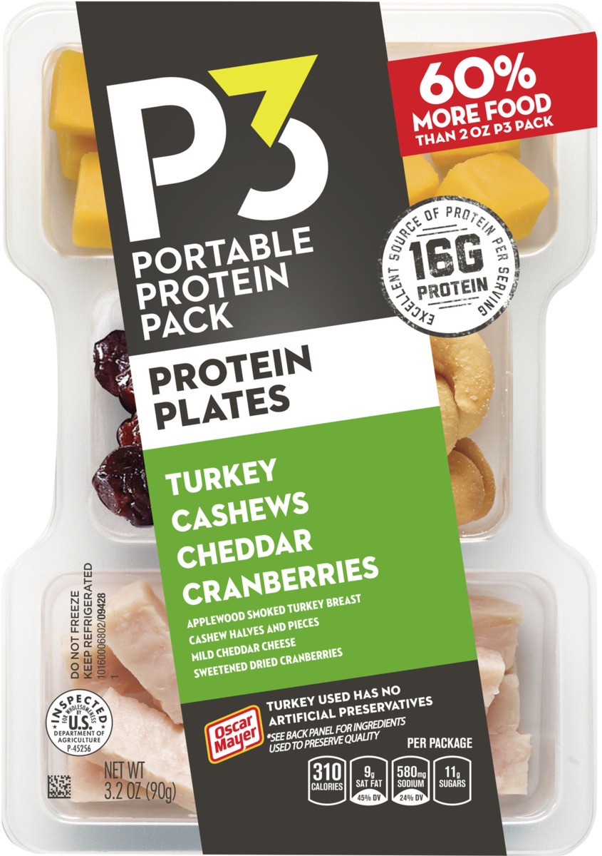 slide 2 of 2, P3 Portable Protein Snack Pack & Protein Plate with Turkey, Cashews, Cheddar Cheese & Cranberries, 3.2 oz Tray, 3.2 oz