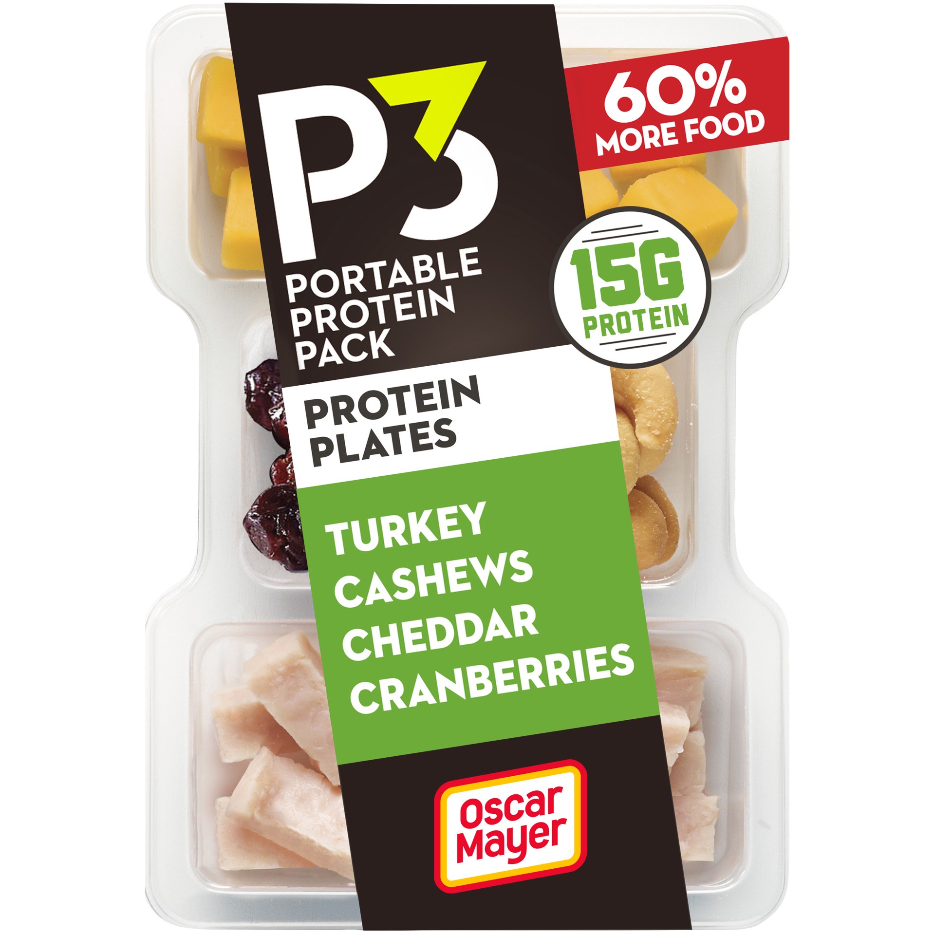 slide 1 of 2, P3 Portable Protein Snack Pack & Protein Plate with Turkey, Cashews, Cheddar Cheese & Cranberries, 3.2 oz Tray, 3.2 oz