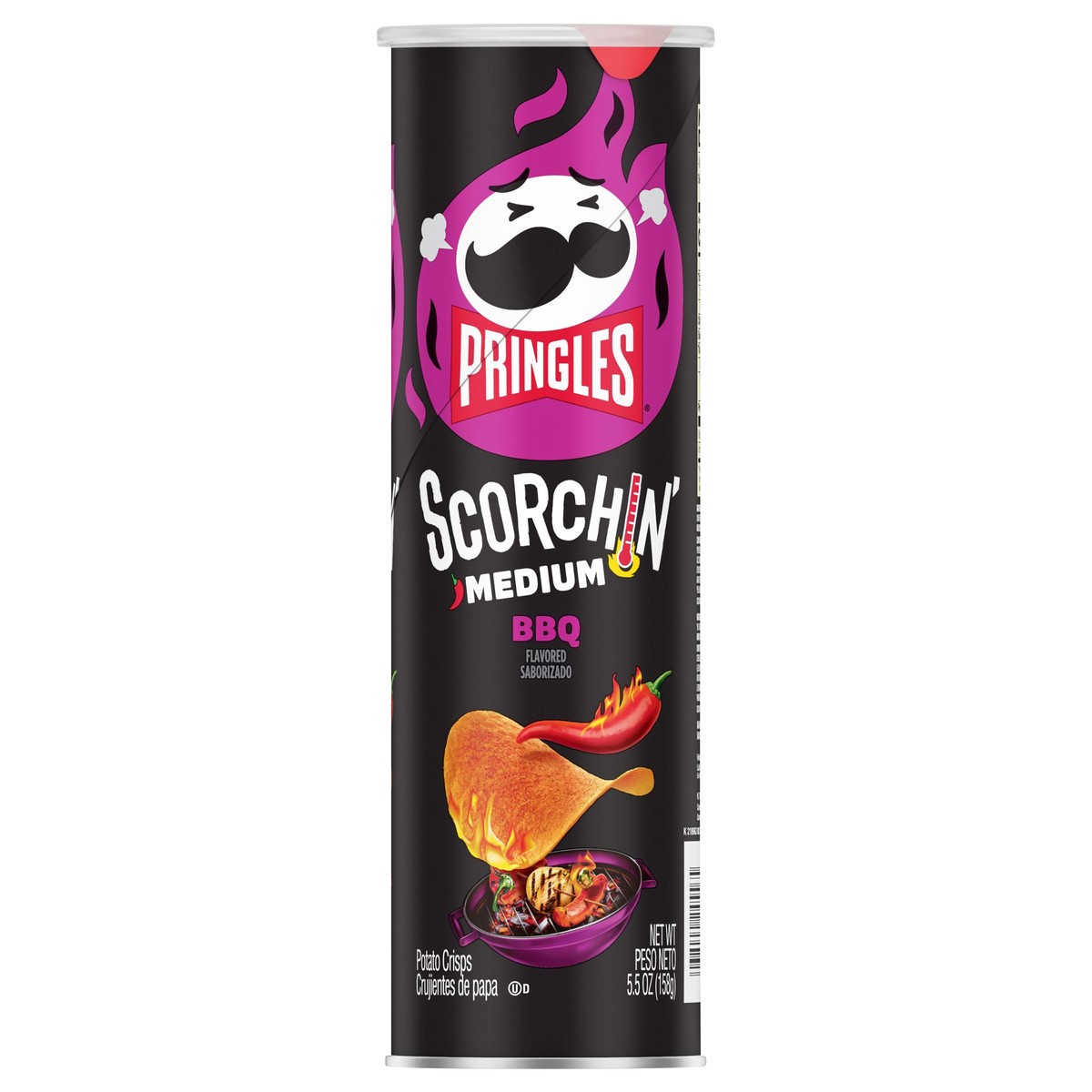slide 1 of 6, Pringles Scorchin' Potato Crisps Chips, Spicy Snacks, On-the-Go Snacks, BBQ, 5.5oz Can, 1 Can, 5.5 oz