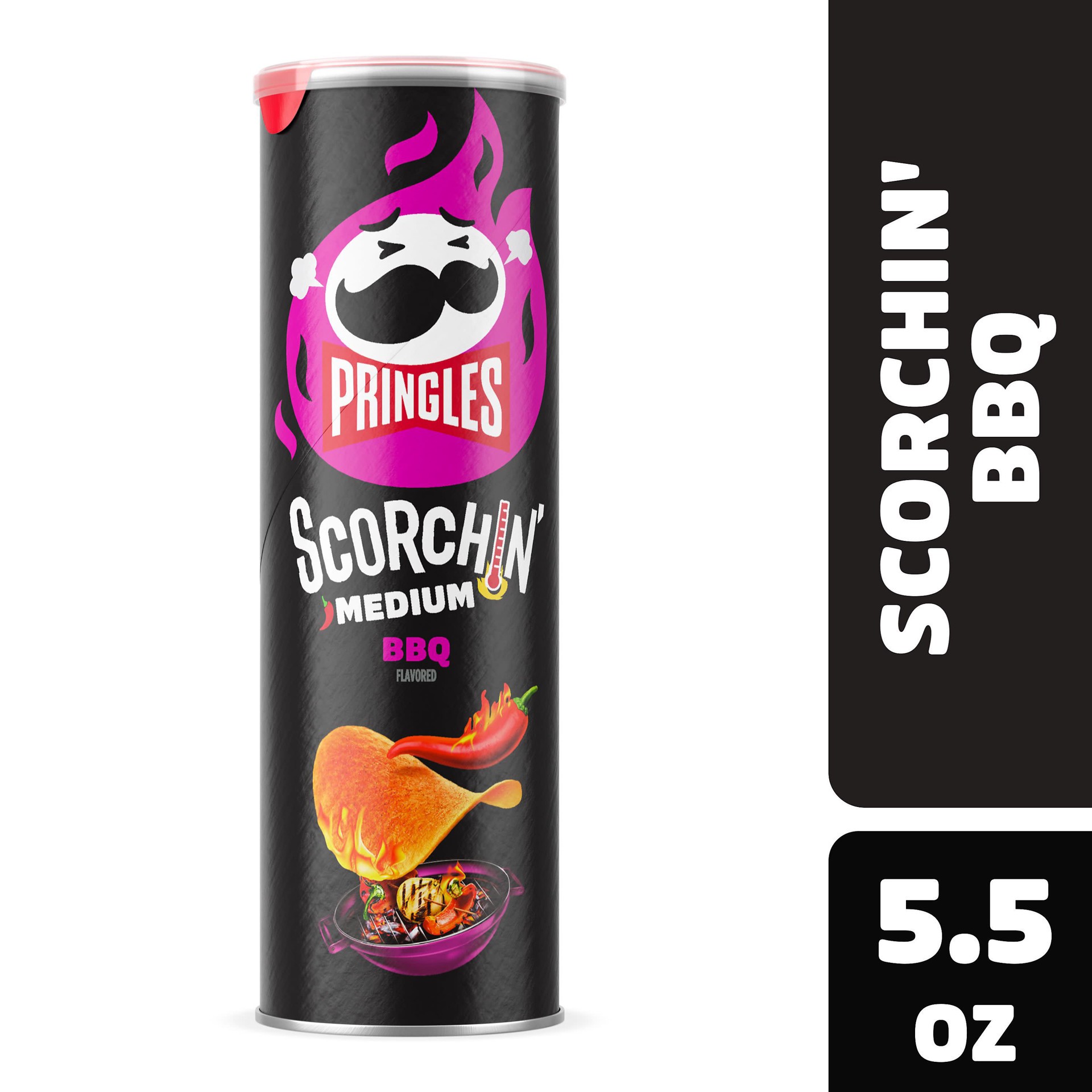 slide 1 of 6, Pringles Scorchin' Potato Crisps Chips, Spicy Snacks, On-the-Go Snacks, BBQ, 5.5oz Can, 1 Can, 5.5 oz