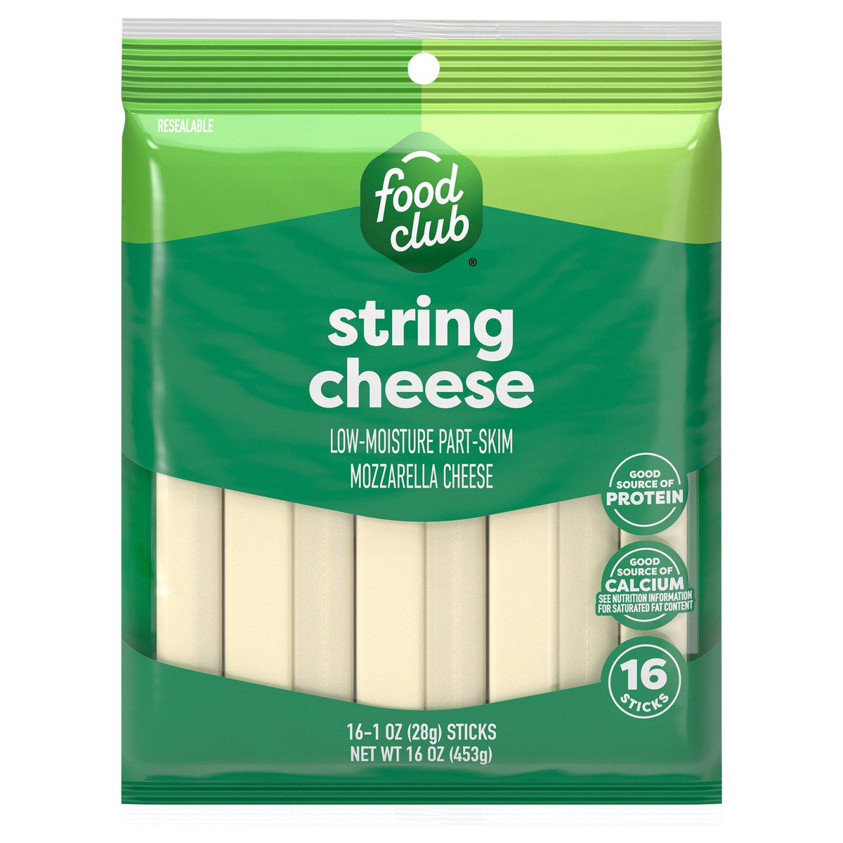 slide 1 of 2, Food Club Low-Moisture Part-Skim Mozzarella String Cheese 16 ea, 16 oz