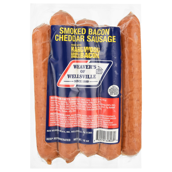 slide 1 of 1, Weaver's of Wellsville Smoked Bacon Cheddar Sausage, 16 oz