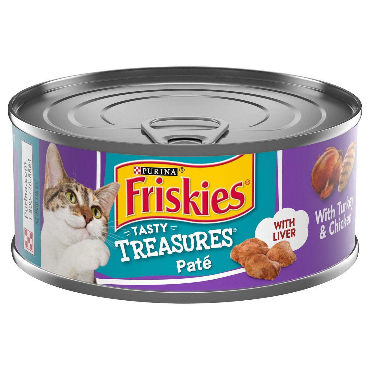 slide 1 of 7, Purina Friskies Pate Wet Cat Food, Tasty Treasures With Liver, Turkey & Chicken - 5.5 oz. Can, 5.5 oz