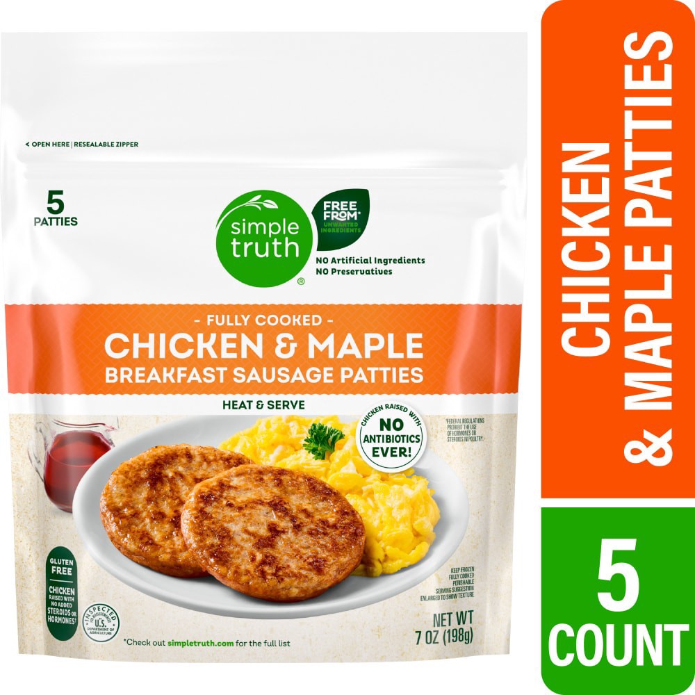 slide 1 of 2, Simple Truth® Fully Cooked Chicken and Maple Breakfast Sausage Patties, 7 oz
