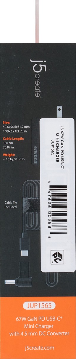 slide 8 of 9, j5create 67W GaN PD USB-C Mini Charger with 4.5 mm DC Converter 1 ea, 1 ct