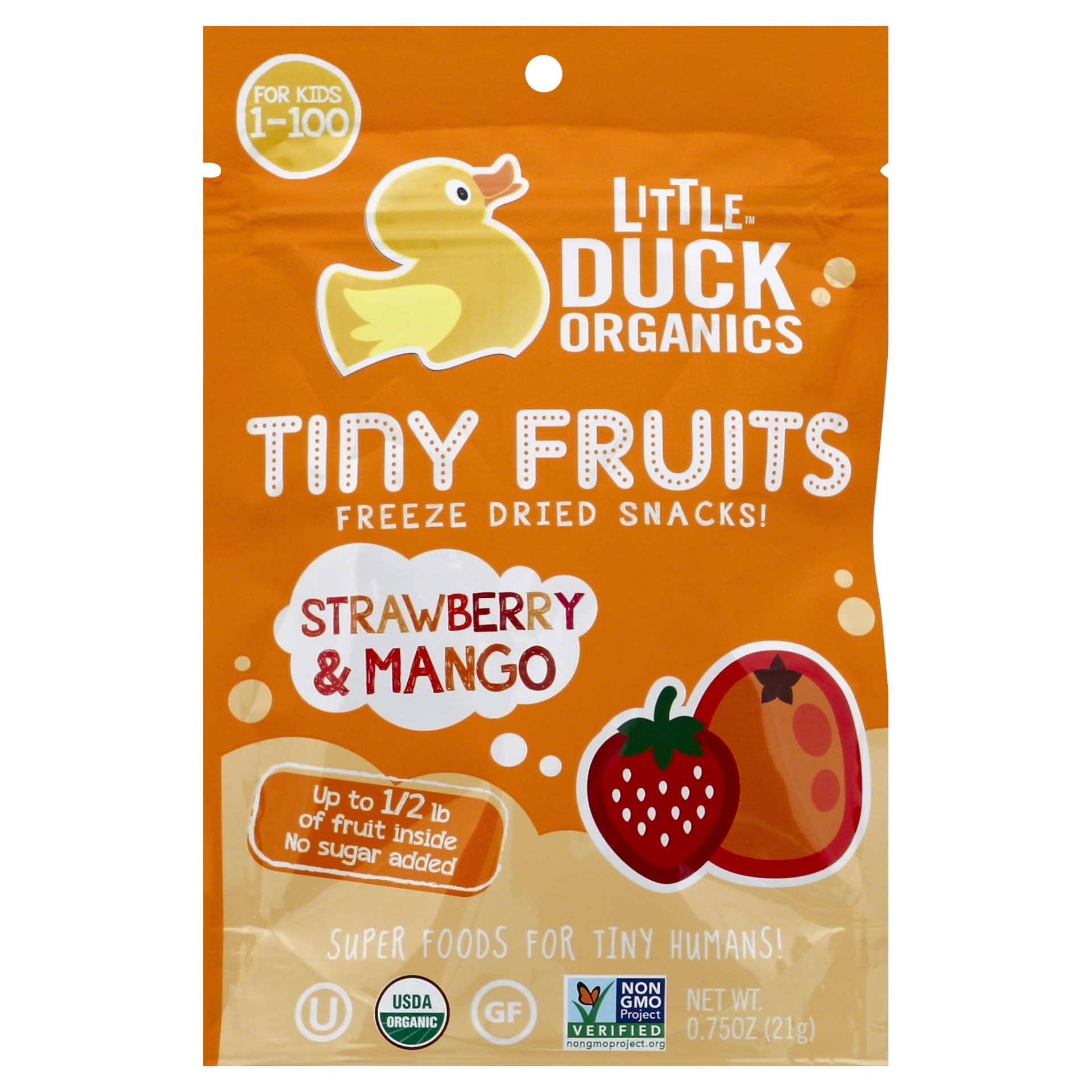 slide 1 of 2, Little Duck Organics Tiny Fruits Freeze Dried Snacks Strawberry & Mango, 0.75 oz