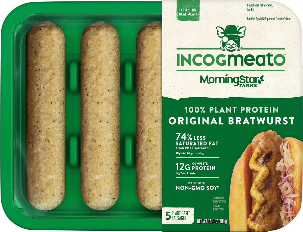 slide 2 of 11, MorningStar Farms Incogmeato Meatless Bratwurst, Original, 14.1 oz, 5 Count, 14 oz