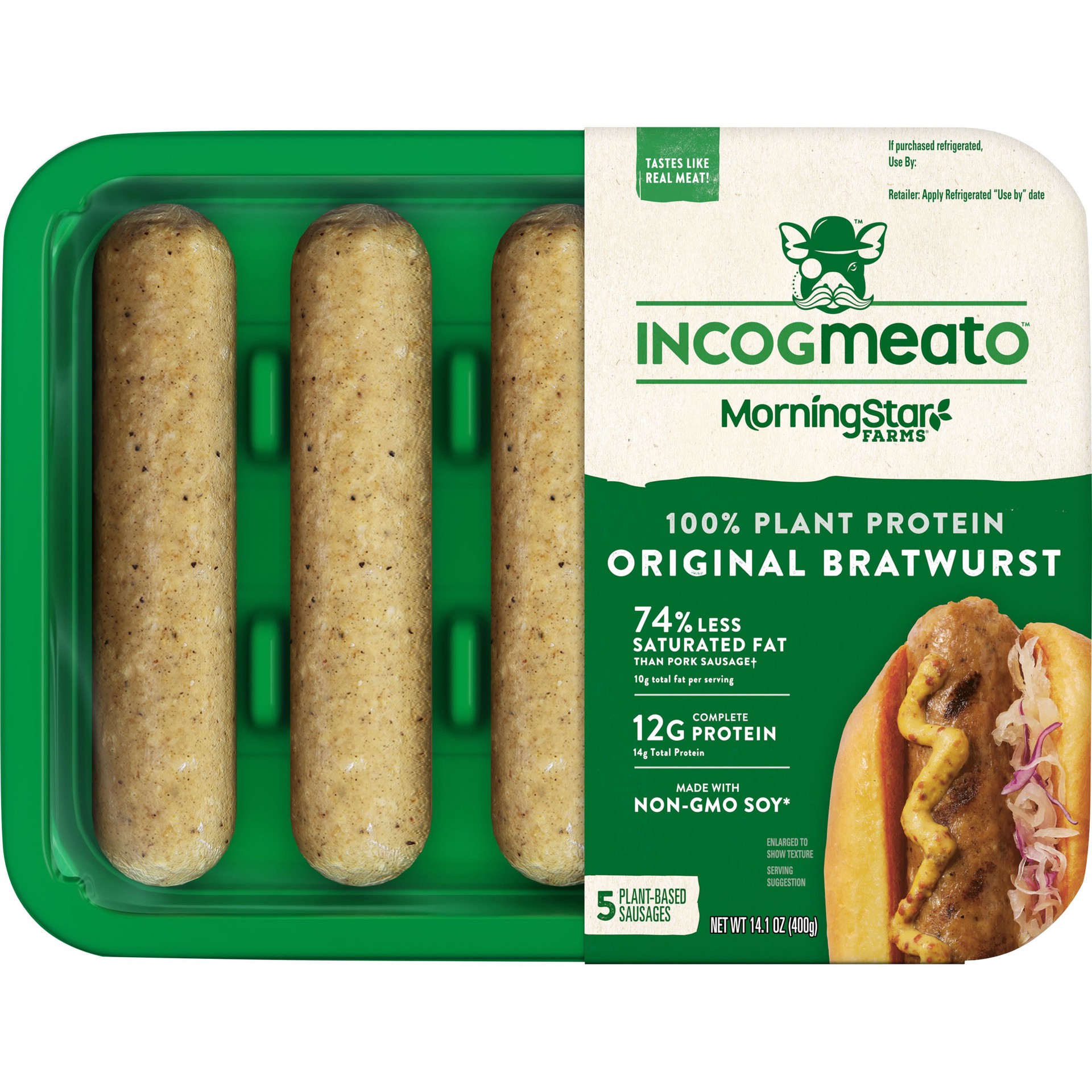 slide 1 of 11, MorningStar Farms Incogmeato Meatless Bratwurst, Original, 14.1 oz, 5 Count, 14 oz