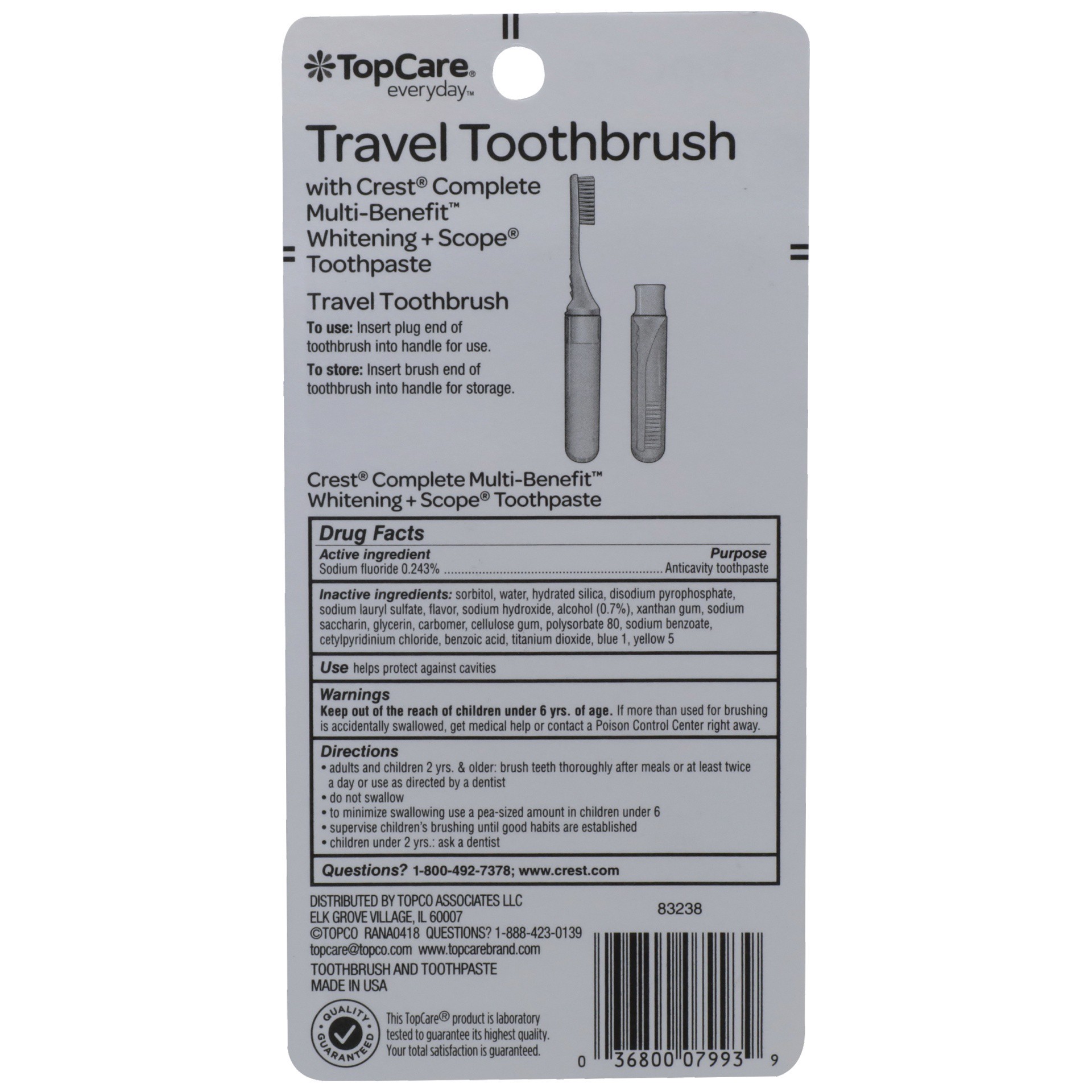 slide 2 of 6, TopCare Travel Toothbrush with Crest Complete Toothpaste, 2 ct