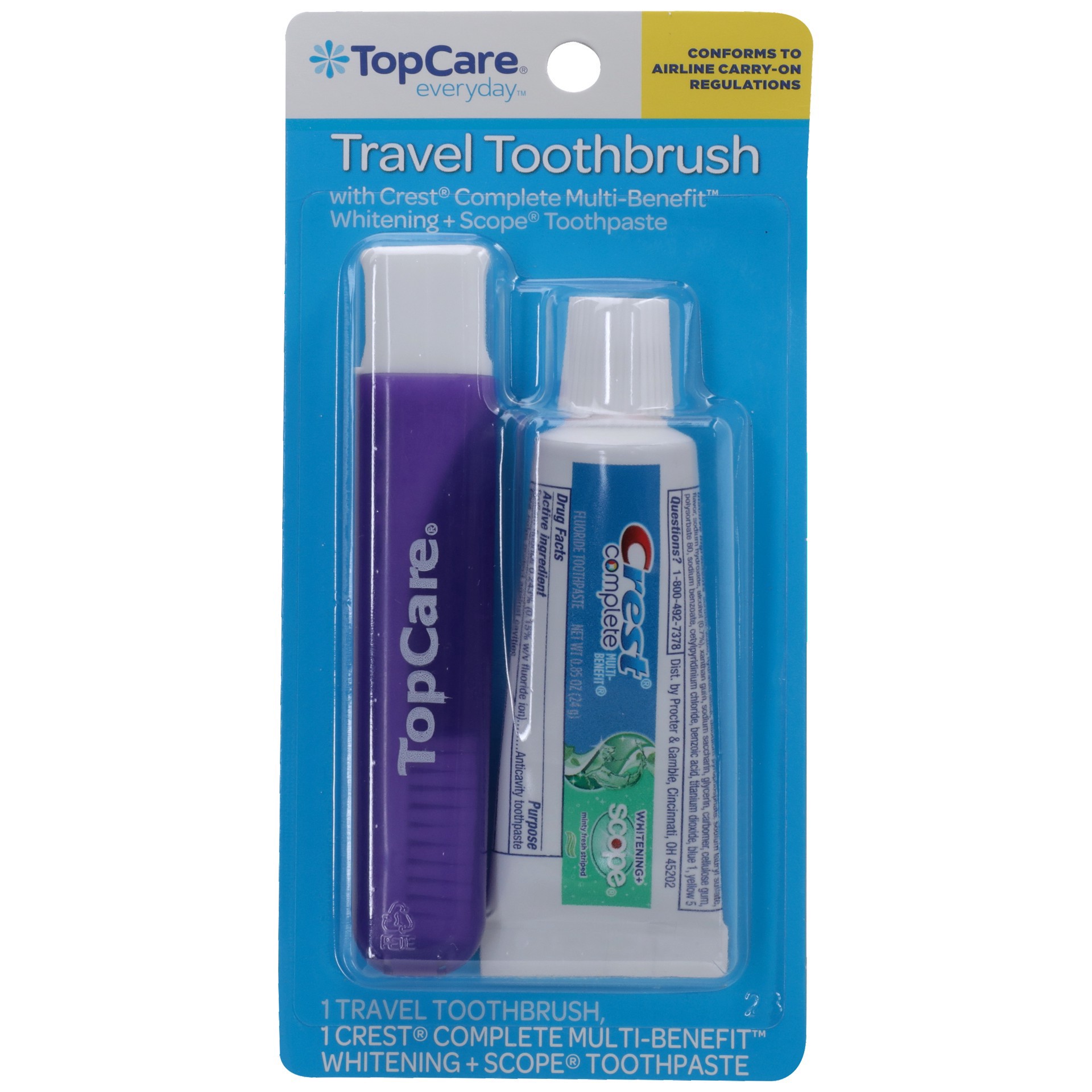 slide 1 of 6, TopCare Travel Toothbrush with Crest Complete Toothpaste, 2 ct