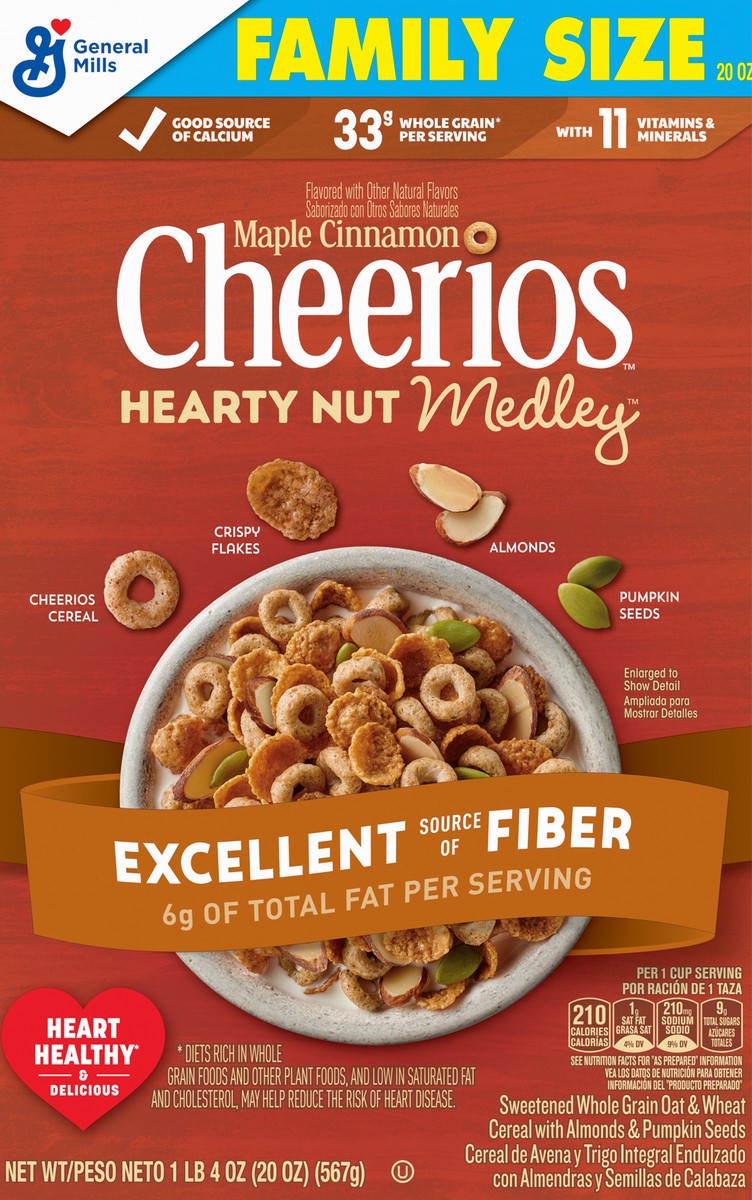 slide 4 of 13, Cheerios Hearty Nut Medley Breakfast Cereal, Maple Cinnamon Flavored, Made With Whole Grain, Family Size, 20 oz, 20 oz