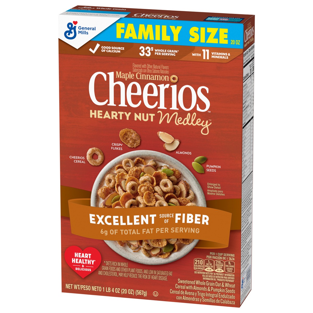 slide 7 of 13, Cheerios Hearty Nut Medley Breakfast Cereal, Maple Cinnamon Flavored, Made With Whole Grain, Family Size, 20 oz, 20 oz