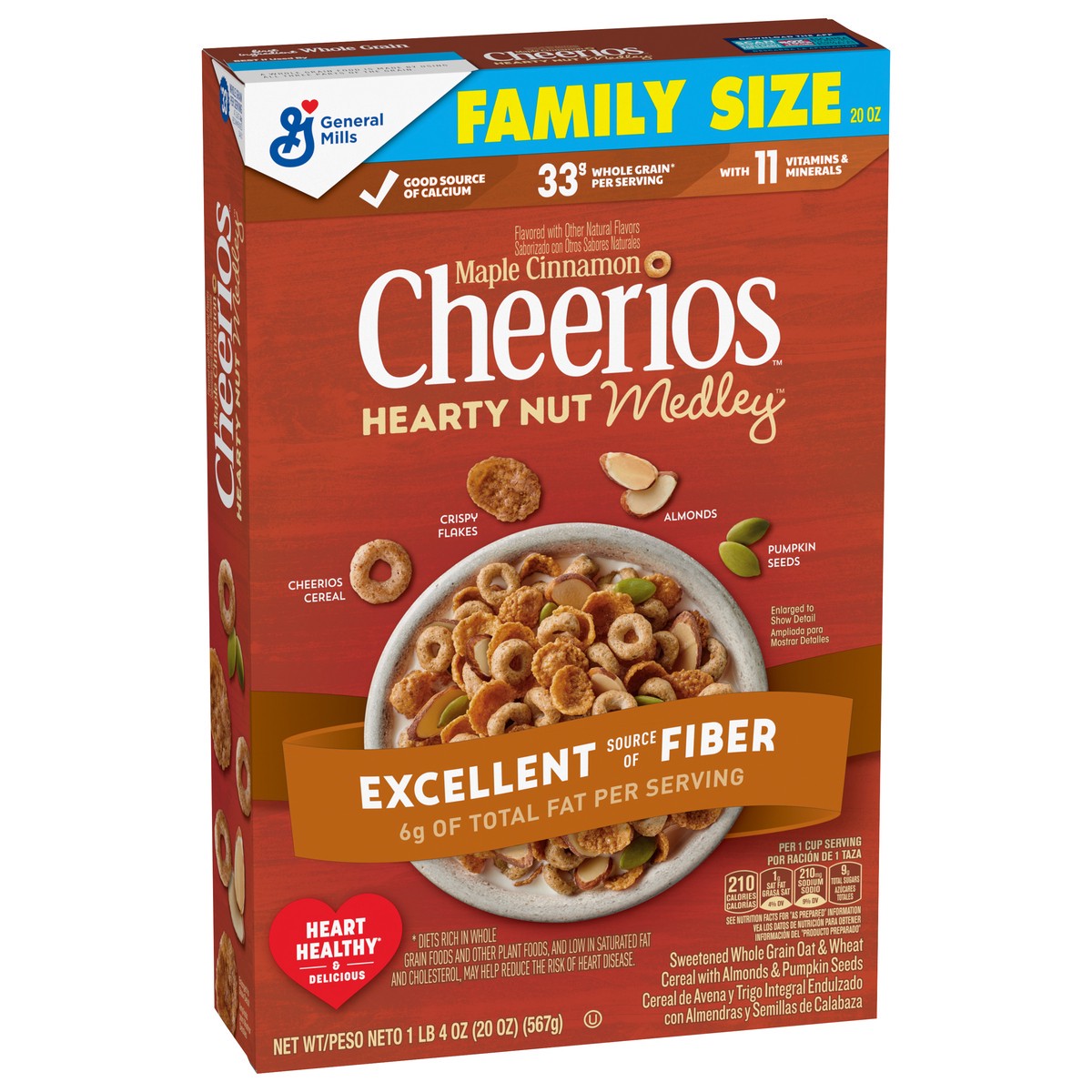 slide 5 of 13, Cheerios Hearty Nut Medley Breakfast Cereal, Maple Cinnamon Flavored, Made With Whole Grain, Family Size, 20 oz, 20 oz